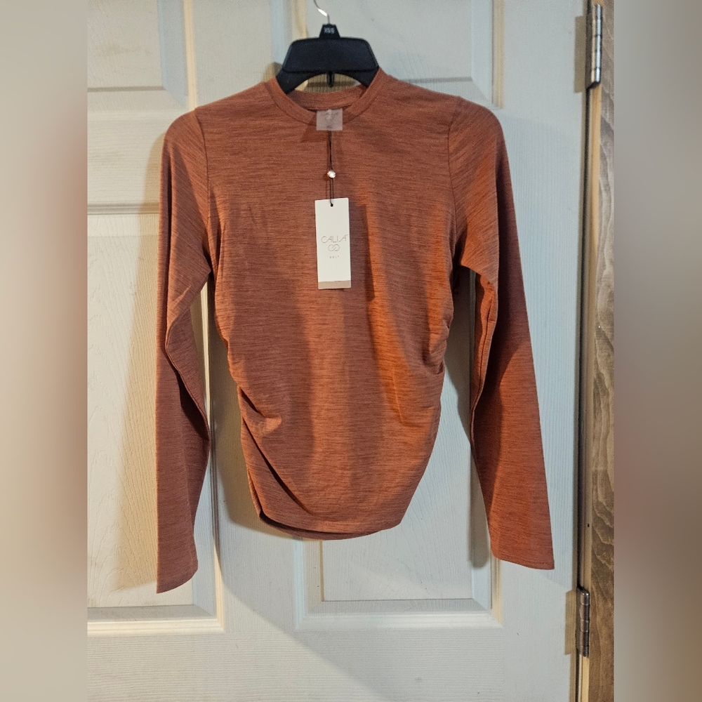CALIA Tissue Texture Long Sleeve Golf Crew: DARK ORANGE: NEW WITH TAGS: SZ XS